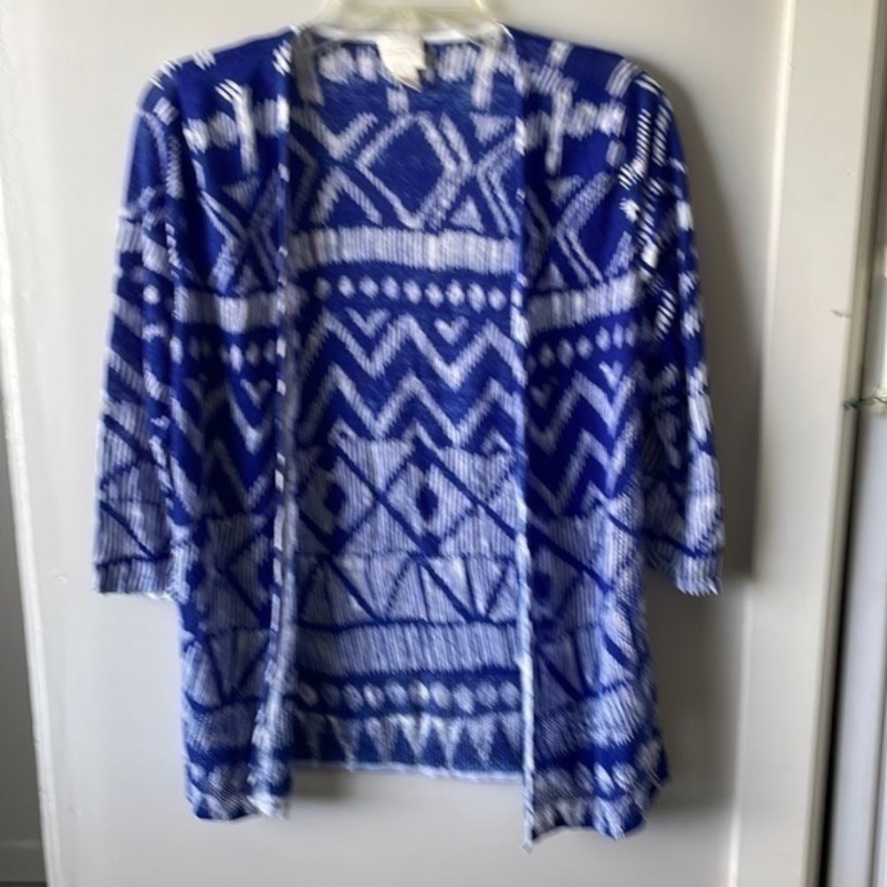 Chico’s Blue White Pattern Cardigan Open Front 1 Thin Sweater